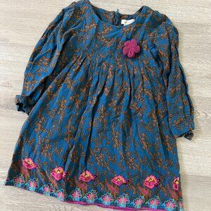 Monsoon Girls Long Sleeve Floral Pattern Dress Blue and Pink 2-3yrs